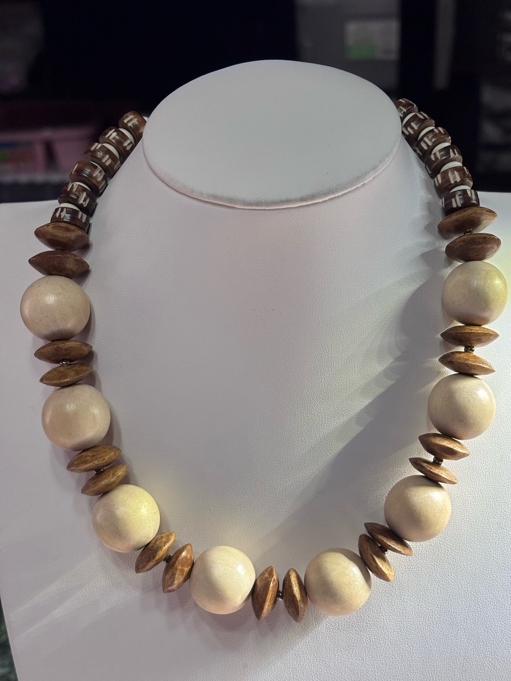 Neutral Wood and Brown Bone Beaded Statement Necklace 18 inches